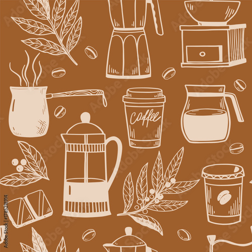 Seamless pattern with coffee pots, coffee cups, grinder and percolator. Black and white vector illustration for menu, packaging.