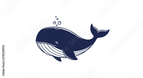 Stylized blue whale illustration on white background for various uses