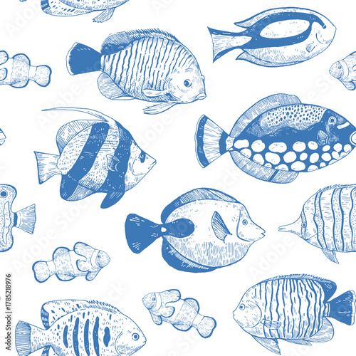 Seamless pattern with coral tropical fish. Hand-drawn vector ornament for design in classic engraving style.