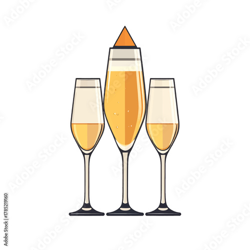 Three Golden Champagne Flutes in Pixel Art Style on White Background