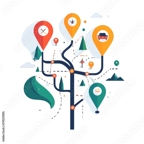 Abstract City Navigation Map with Pointers and Trees on White Background