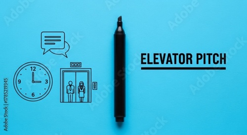 Elevator pitch concept with clock and elevator illustration on blue  
