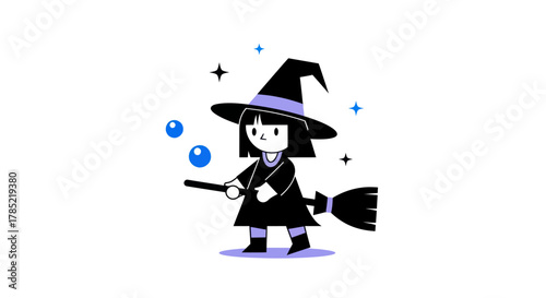 Stylized witch illustration fantasy character with wand and broom on white