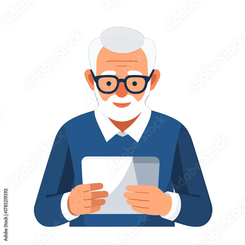 Grey Haired Senior Man Holding Digital Tablet in Blue V Neck Sweater on White Background