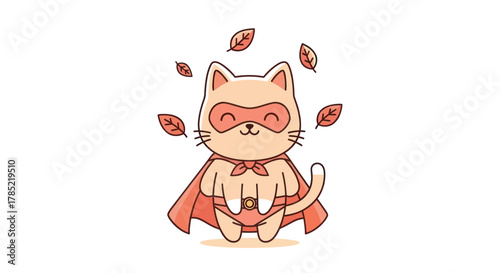 Superhero cat cartoon illustration with red cape and mask isolated