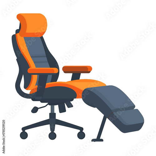 Ergonomic Orange and Dark Gray Gaming Chair with Footrest Illustration on White Background Adobe Stock Photo