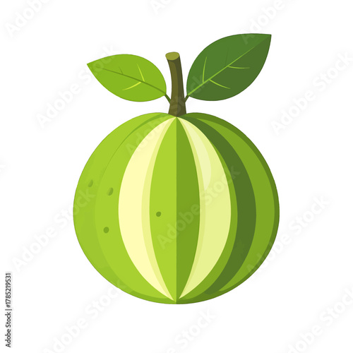 Pixelated Green and Yellow Melon Fruit with Leaves on White Background