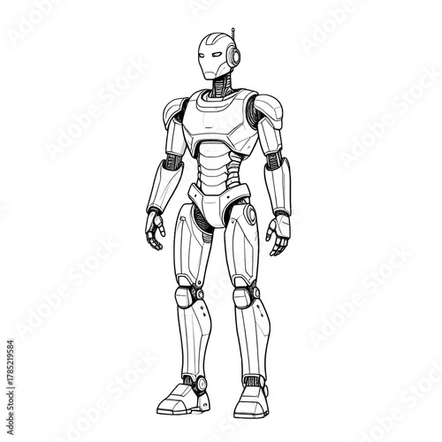 Full Body Robot Standing Upright in Center with White Background Futuristic Design Isolated in White Background
