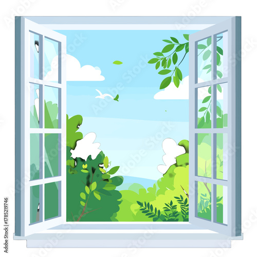 Open Window View with Green Lush Foliage and Bright Sky Pixel Art Style Illustration