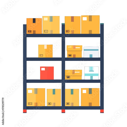 Blue Metal Shelving Unit Filled with Brown Cardboard Boxes on White Background