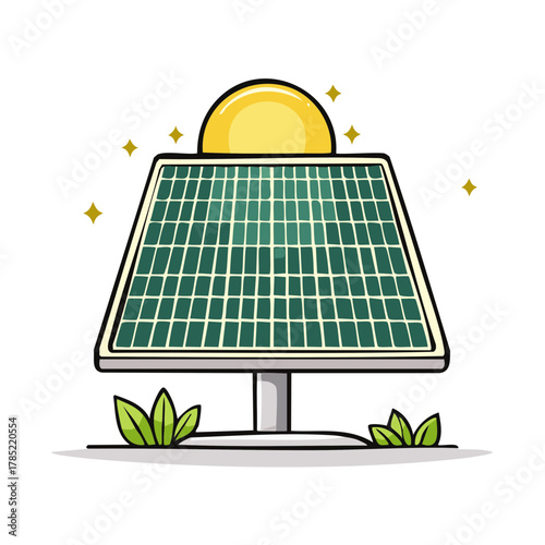 Cartoon solar panel generating electricity with a bright sun, green leaves, and stars.