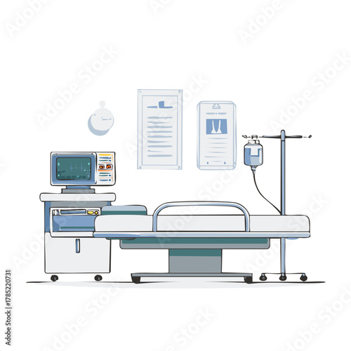 Hospital bed, medical equipment, and monitoring devices in a hospital room illustration