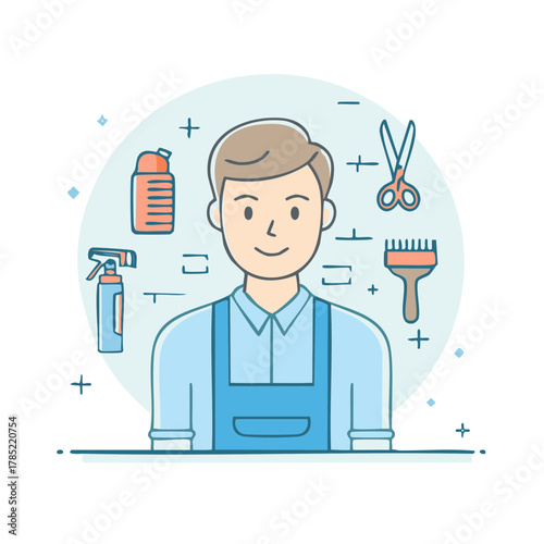 Smiling hairstylist or barber with professional haircutting tools and supplies