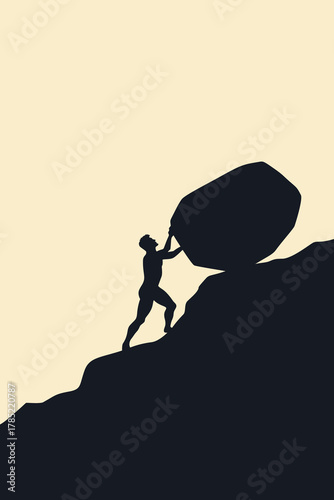 Bilde på lerret Silhouette of a man pushing a large boulder uphill, symbolizing struggle, perseverance, and determination