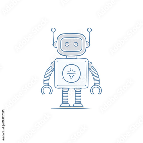 Cute friendly robot character line art illustration with antennas and pincer hands