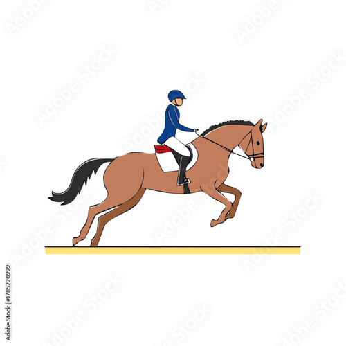 Horse and rider jumps over the barrier in equestrian sport line art illustration