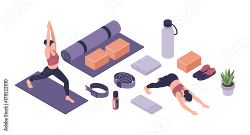 Isometric yoga practice with mats, blocks, and accessories