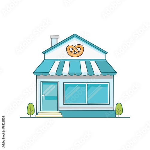 Adorable cartoon pretzel bakery storefront illustration with a blue and white striped awning and welcoming entrance