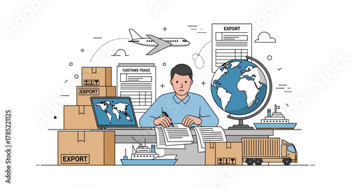 Global trade and export management scene with logistics elements
