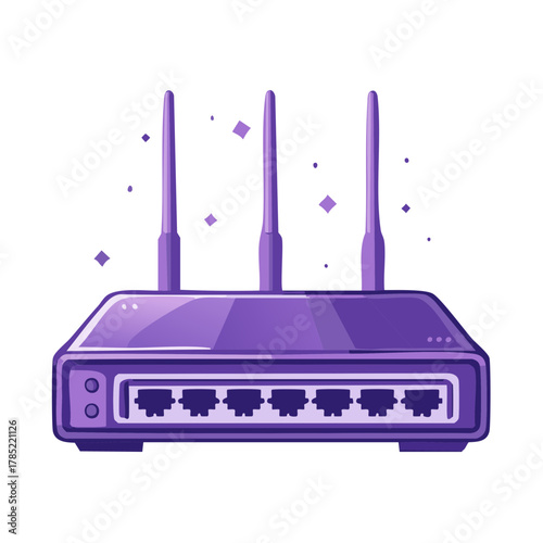 Vibrant purple wireless router with three antennas for modern internet connectivity and networking
