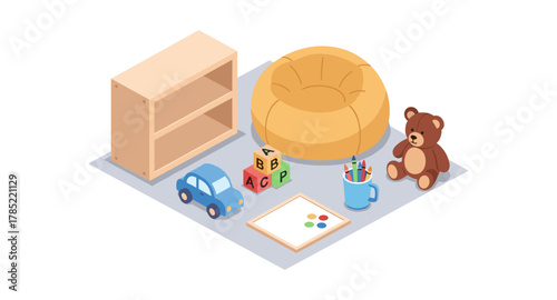 Isometric kids playroom with beanbag, toys, and bookshelf on gray rug