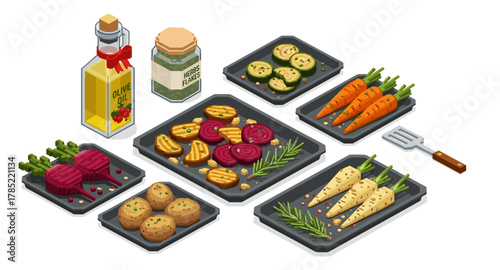 Isometric display of assorted vegetables and ingredients in a modern culinary setup
