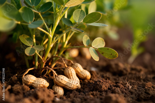 Peanut plants (Arachis hypogaea) showing green foliage above ground with ripe pods developing underground, macro close-up capturing detailed leaves and stems, soft bokeh background, natural cinematic 