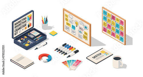 Creative office workspace with whiteboards and stationery supplies in isometric style