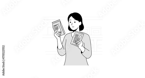 Woman comparing product labels in minimalist store setting