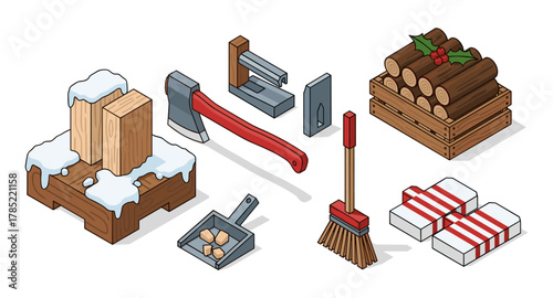 Isometric winter tools and firewood with snowy holiday elements