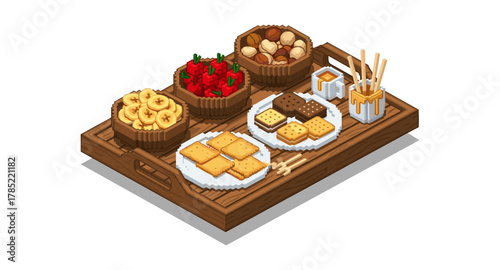 Isometric snack tray with crackers, fruits, and dips on wooden platter