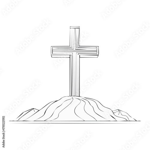 Christian Cross atop Hill Symbolic Religious Artwork Line Art Drawing Illustration