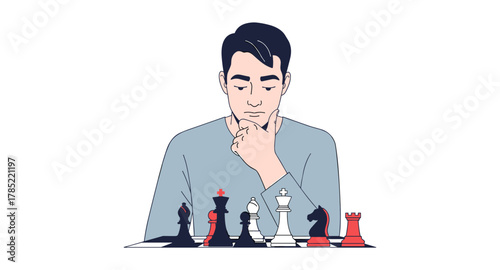 Thoughtful chess player analyzing strategy with black and red pieces on board