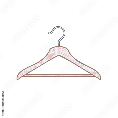 Hand drawn illustration of a wooden garment hanger with a metal hook