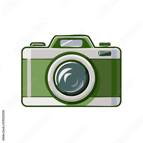 Green and white camera illustration, front view, lens, photography concept, isolated, design