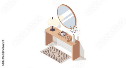Modern isometric hallway table scene with mirror and decor elements
