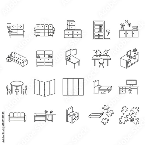 furniture icons furnishing a modern home with detailed line art of sofas tables beds desks and storage solutions ideal for interior design concepts.
