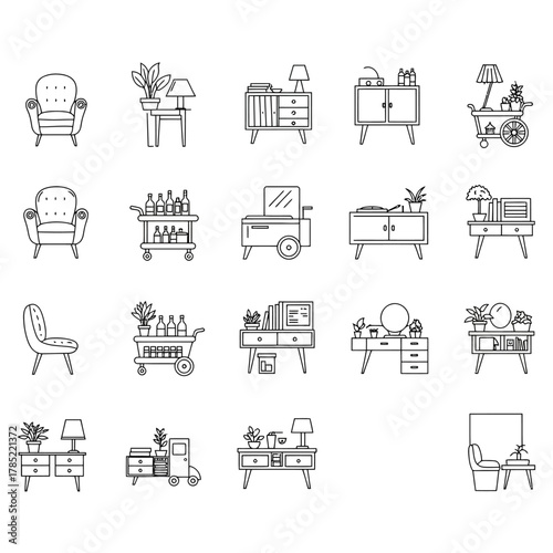 furniture line drawing icons of modern home decor showcasing minimalist design elements ideal for interior design blogs and architectural presentations.