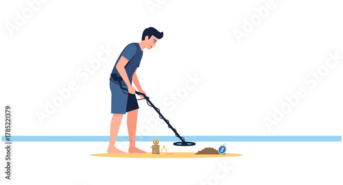 Treasure hunter finds coins and jewelry with metal detector on beach in flat design