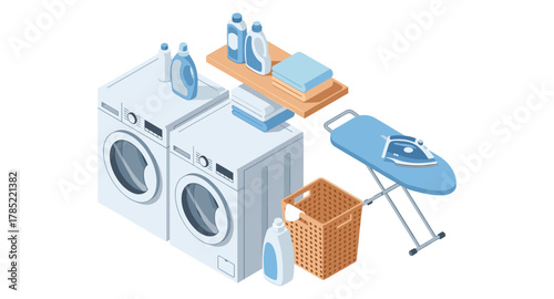 Modern laundry room essentials in isometric style with washing machine and ironing board
