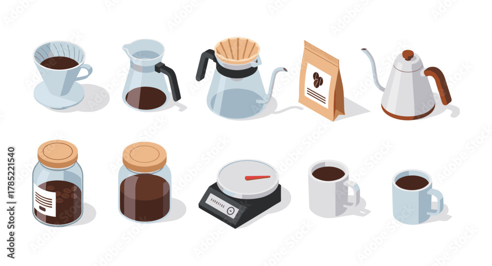 Obraz premium Coffee brewing essentials in isometric design: drippers, kettles, and accessories