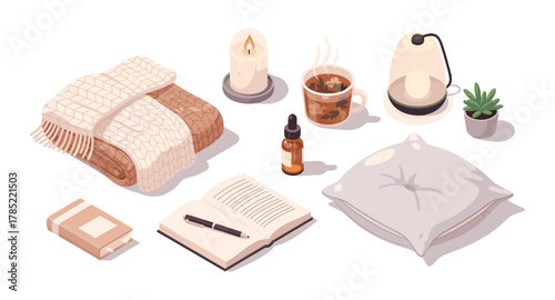 Cozy home essentials: isometric view of relaxing and warm objects for comfort and style