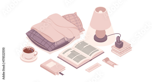 Cozy reading nook with warm bed, open book, and soft lighting in pastel colors