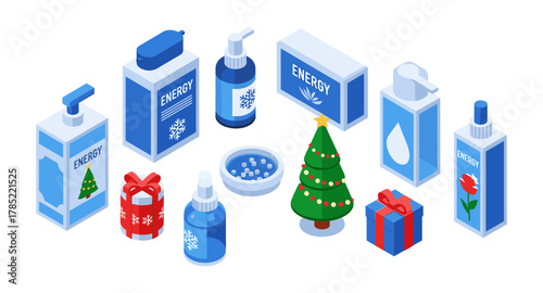 Festive isometric holiday product display with gift boxes and energy drinks