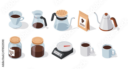 Coffee brewing essentials in isometric design: drippers, kettles, and accessories