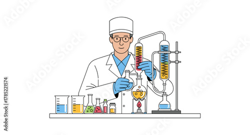 Chemist in lab conducting experiment with glassware in flat style
