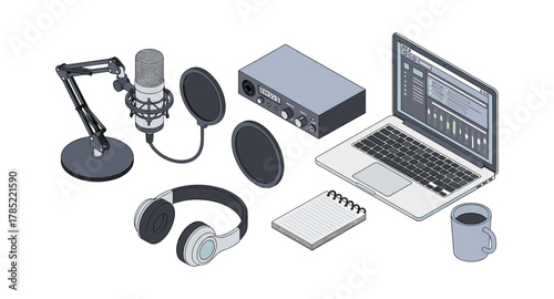 Isometric home studio setup with podcasting and recording equipment on white background