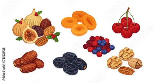 Assorted dried fruits and nuts collection with berries on white background