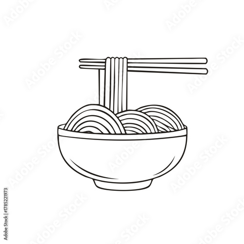 Minimalist Outline Illustration of Asian Noodles in a Bowl with Chopsticks