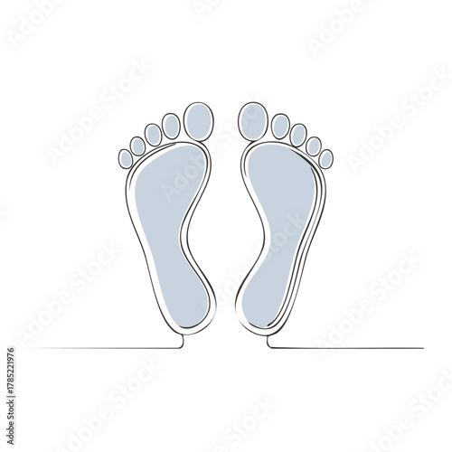 Minimalist continuous line art illustration of human footprints, light blue, representing wellness journey.